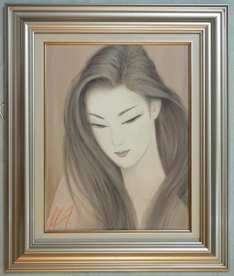 油絵 人物額付き鹤田一郎 F6 【美人像】手描き