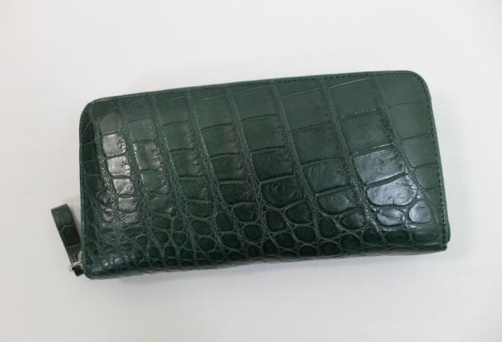 クロコダイル 長財布 財布 本物 グリーン 緑 マット仕上げ ラウンドファスナー クロコダイル メンズ財布 長財布 ワニ革 ラウンドファスナー 一枚革