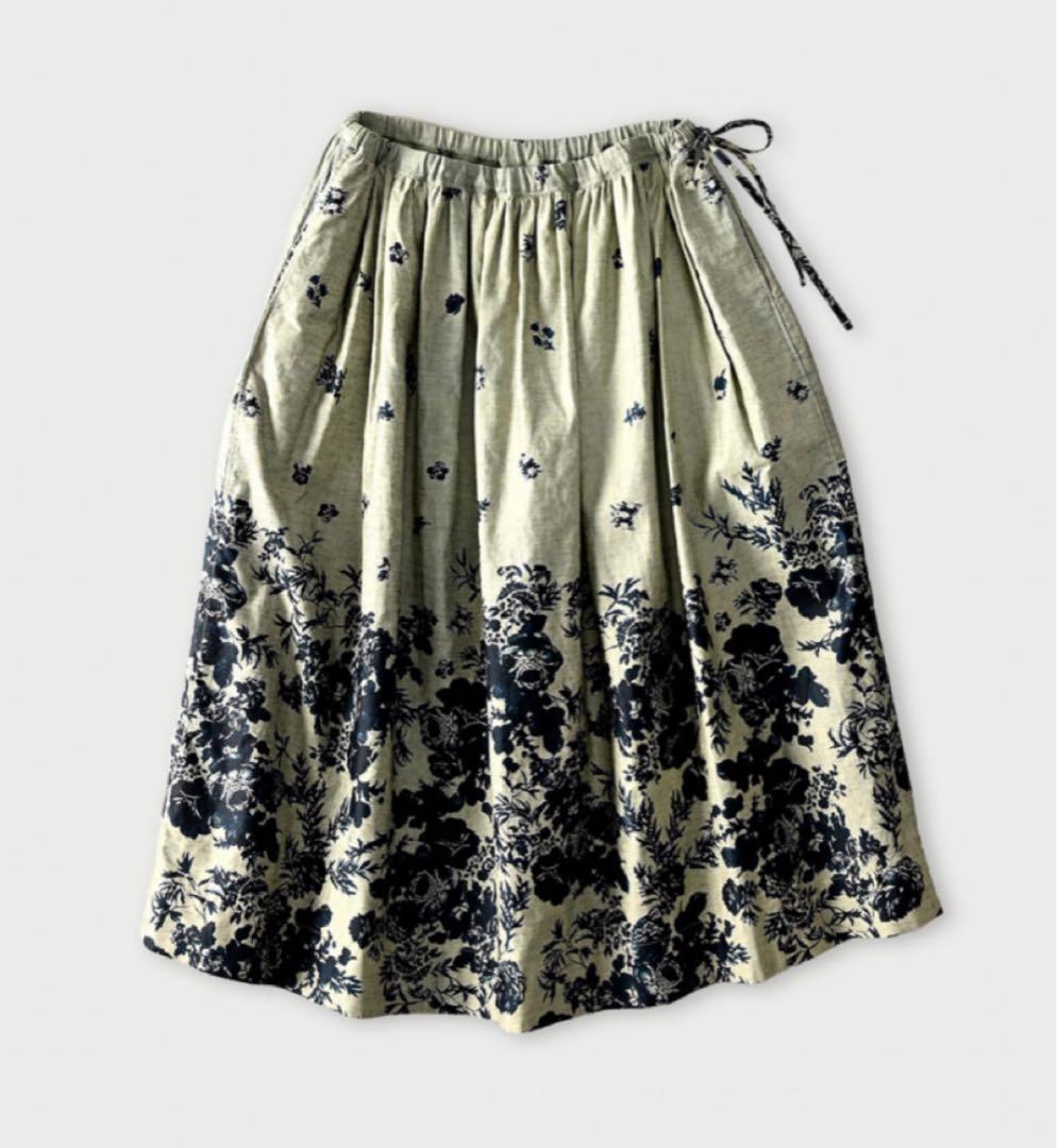 45R インディゴ抜染ローズプリントのイージーギャザースカート 45rpm