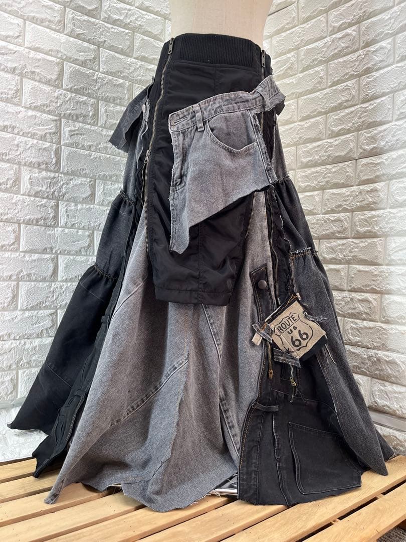 n*a様 リメイクデニム　MA-1 くすみブラックロングフリルスカート
