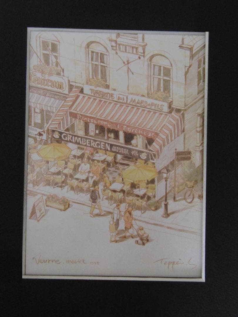 笹倉鉄平、【ベルネのカフェ】、希少な額装用画集より、状態良好、新品額装付