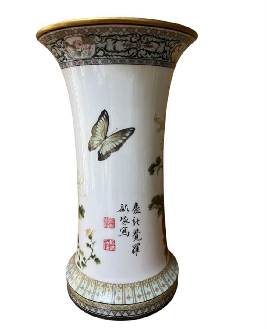 希少 ヴィンテージ 色絵磁器花瓶 「四季菊花山雀」愛新覚羅毓誉 中国陶磁器