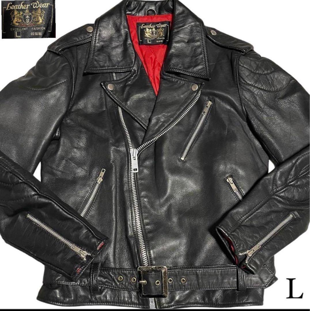赤裏地【vintage】本革 リアルレザーダブルライダースジャケット ブラックL