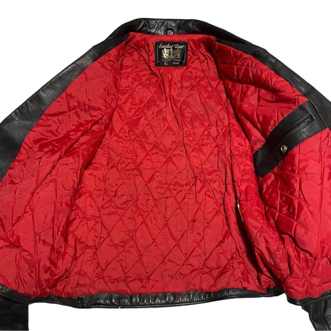 赤裏地【vintage】本革 リアルレザーダブルライダースジャケット ブラックL
