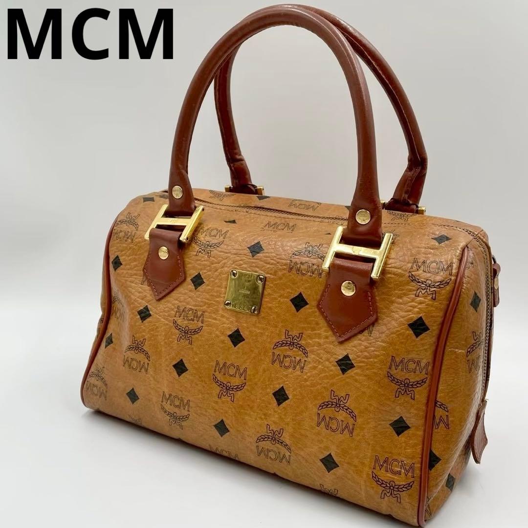 良品　エムシーエム　ヴィセトス　レザー　ミニボストンバッグ　金具付き　ブラウン