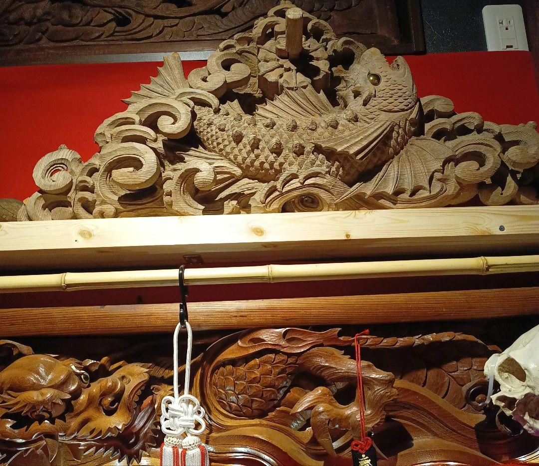 木彫り 玉眼 彫刻 魚 化け鯉 鯱 龍 麒麟 欄間 アンティーク 骨董品 現状品