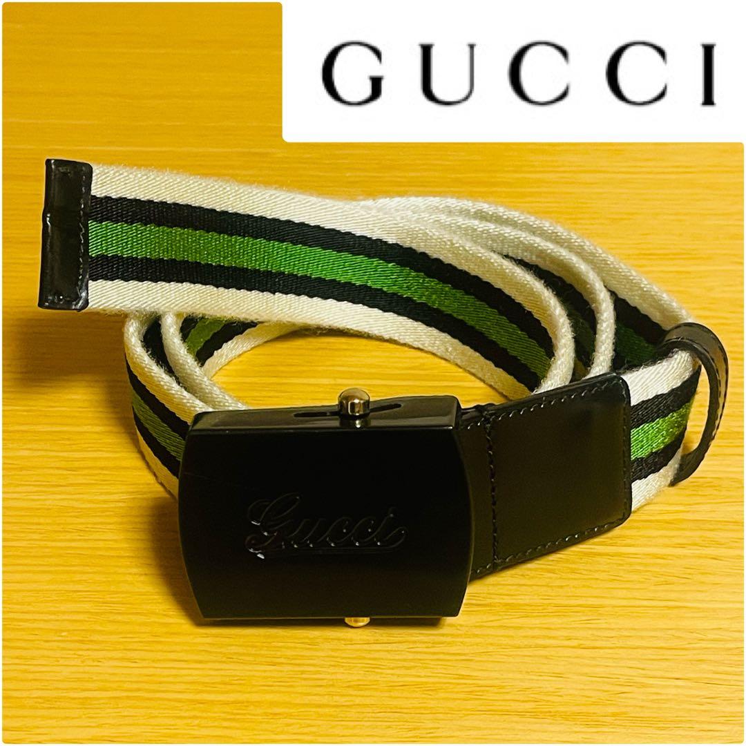 【美品・希少】グッチ ガチャベルト 筆記体ロゴ 189799 グリーン×ブラック