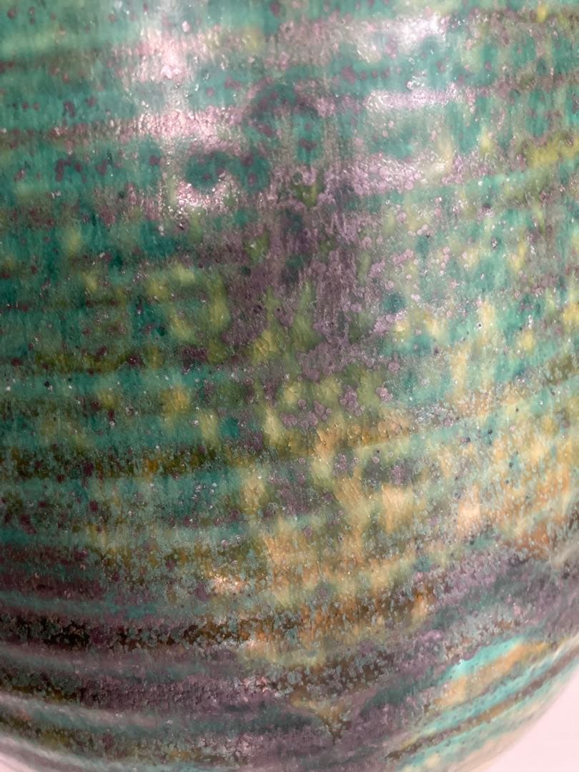 吉峰窯　志賀忠吉（吉峰）作 緑釉花生　大きいサイズ　花差し花瓶壺窯共箱しおり付き