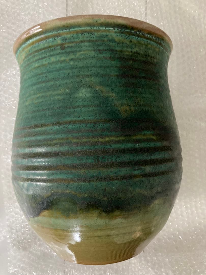 吉峰窯　志賀忠吉（吉峰）作 緑釉花生　大きいサイズ　花差し花瓶壺窯共箱しおり付き