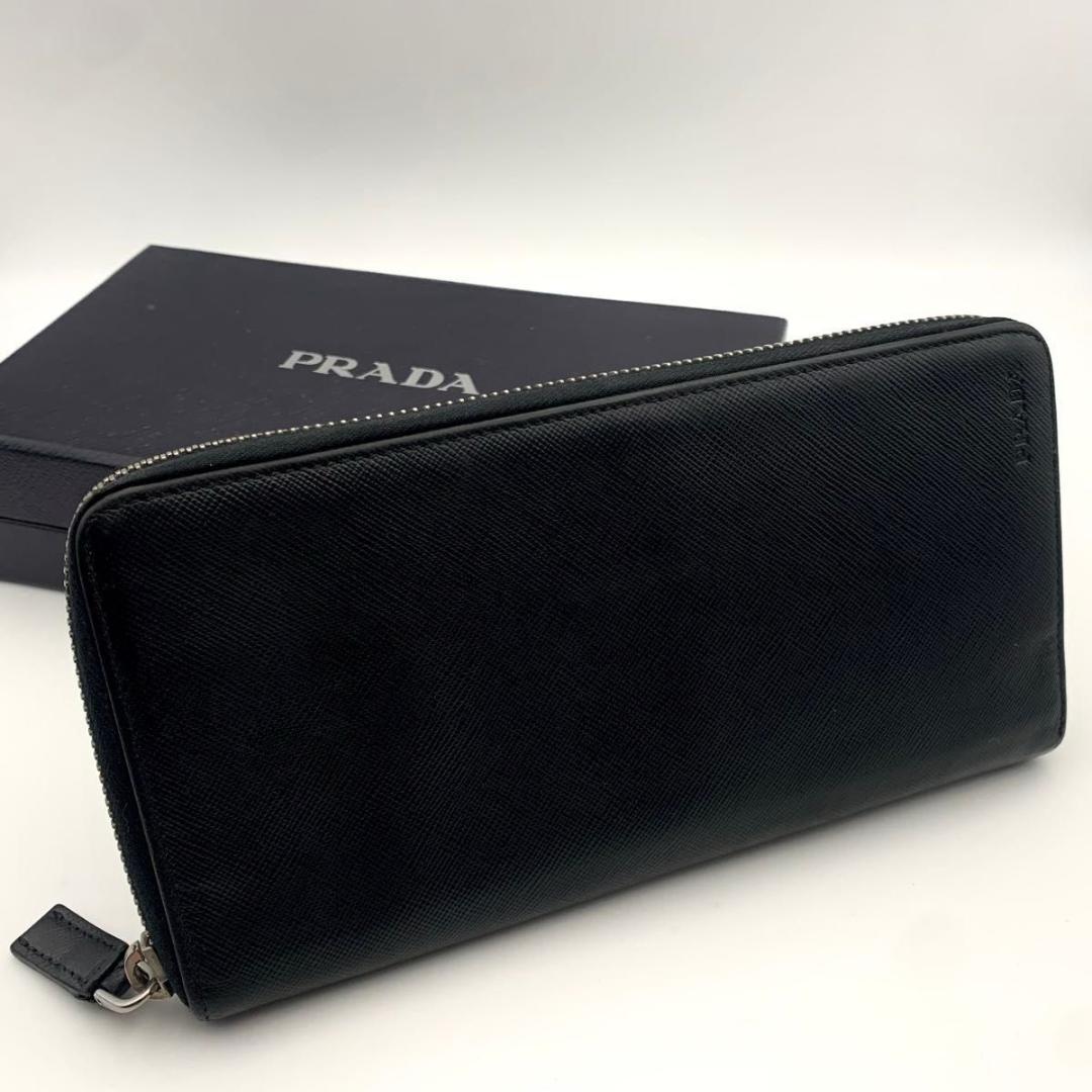 鑑定済み プラダ 長財布 ラウンドファスナー サフィアーノ レザー メンズ 黒