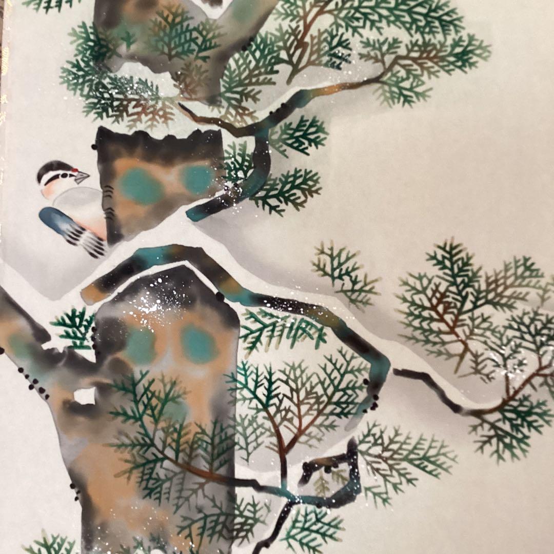 池田桂月筆酒井抱一写【12月 檜に啄木鳥図】彩色画絹本掛軸462
