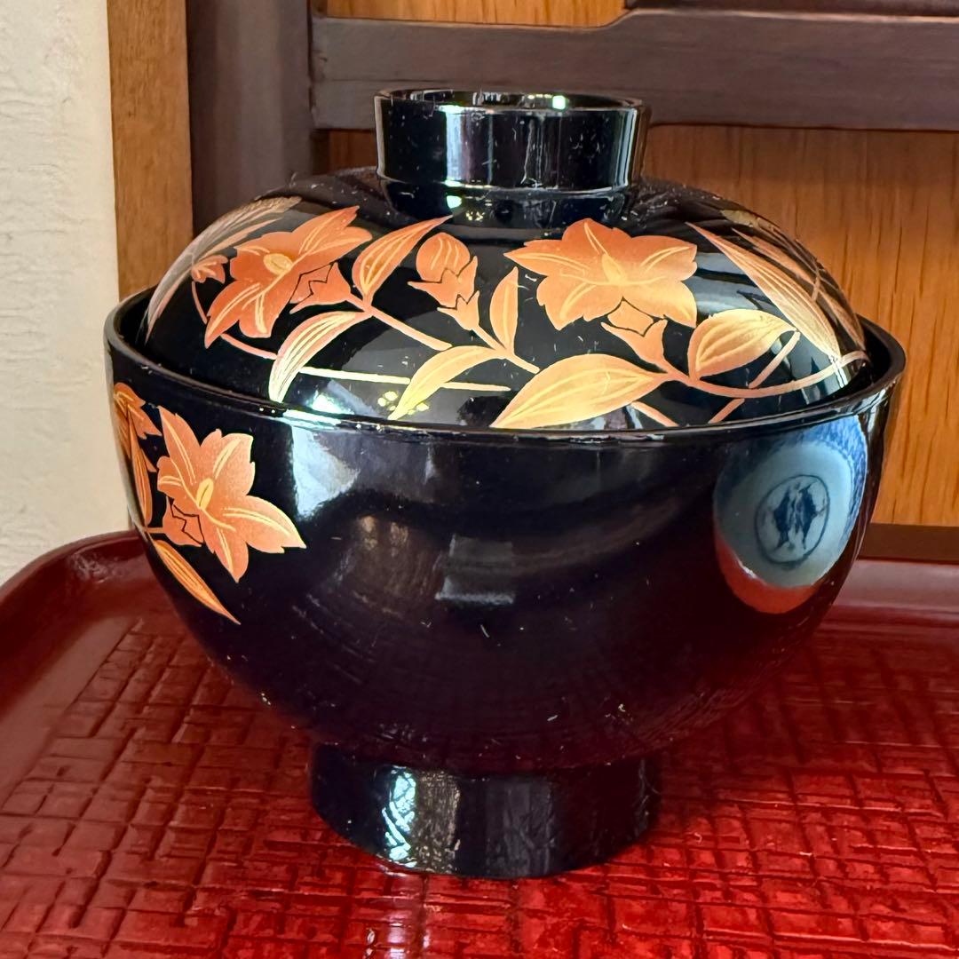 未使用品 乙造作 輪島塗秋草蒔絵吸い物椀 5客セット 桐箱付き 黒の