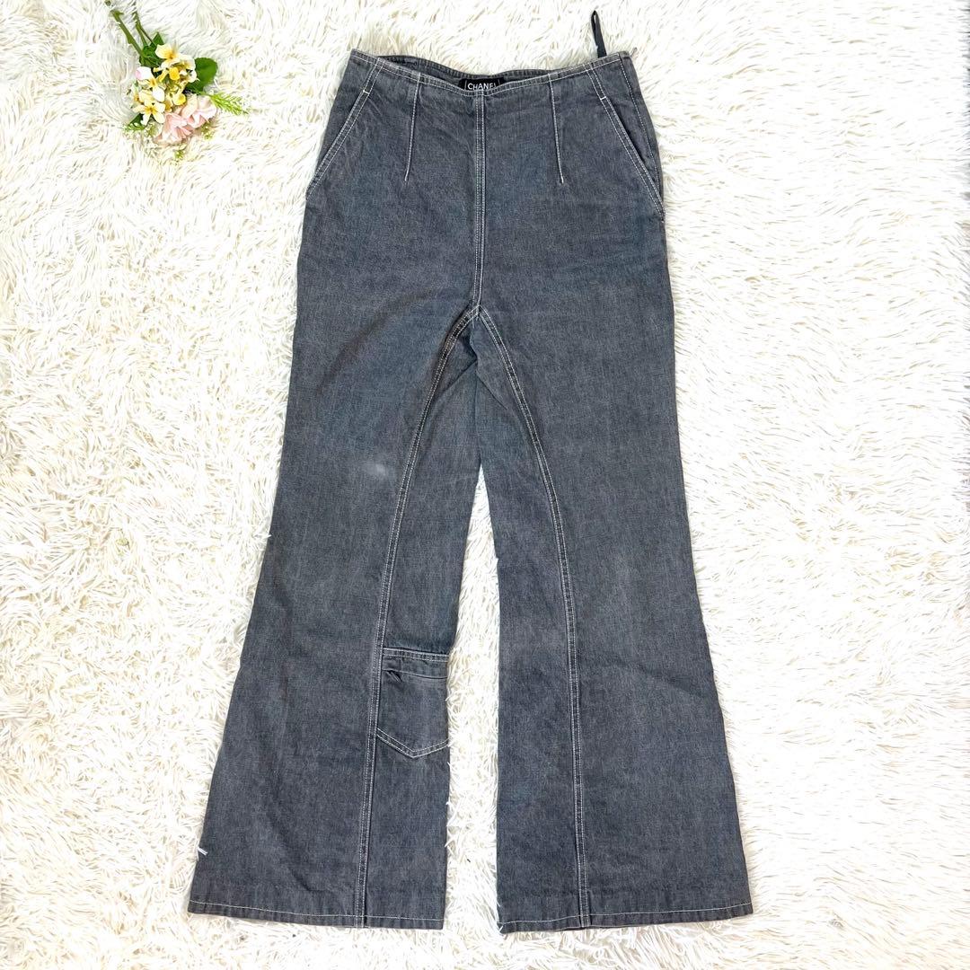 美品】シャネル ジーンズ ココマーク ワイドフレア ラインストーン