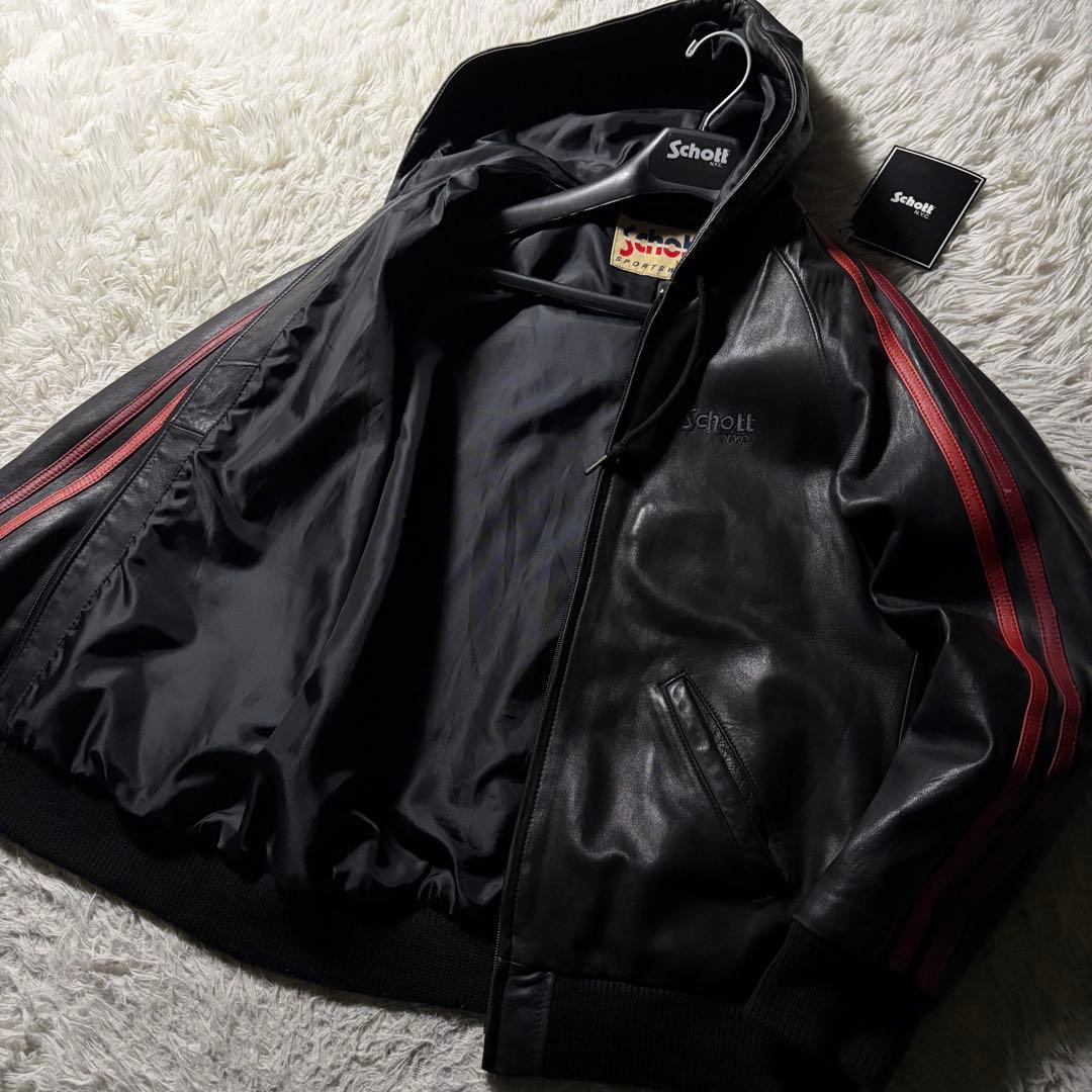 V*】様 美品■schott レザー トラックジャケットフーディ羊革　ブラック Schott N.Y.C（ショット） Schott #7825150003 パデット シングル
