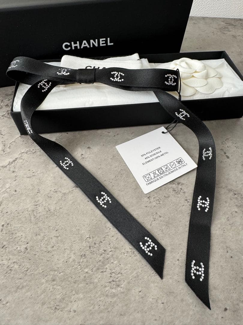 新品未使用CHANEL リボン バレッタ ブラック ラインストーン ココマーク