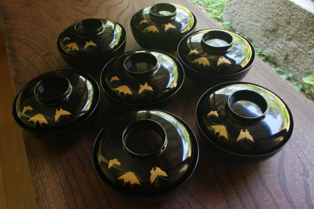 時代逸品！時代黒漆に極上草花蒔絵の映えるお椀7点（検輪島塗蒔絵椀