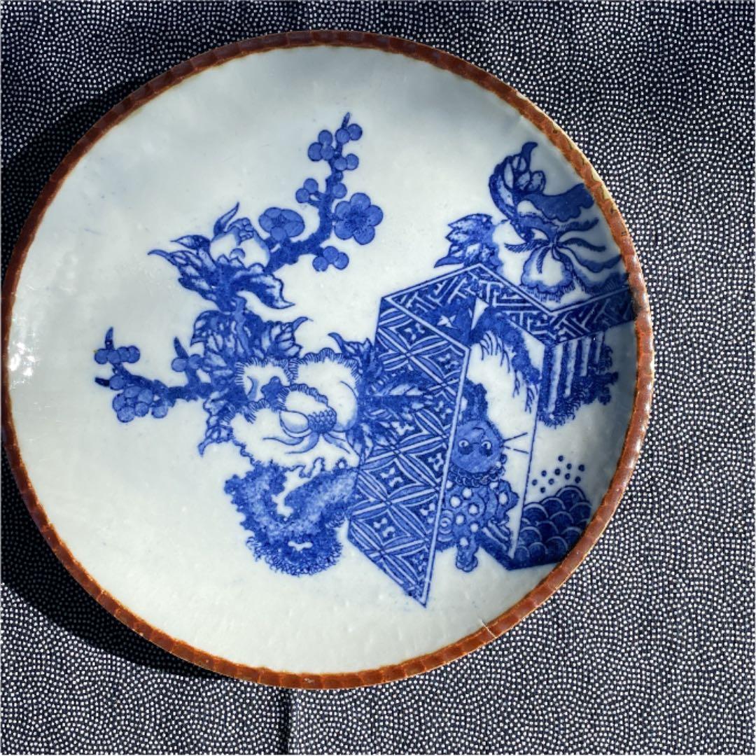 印判　染付大皿　花鳥図