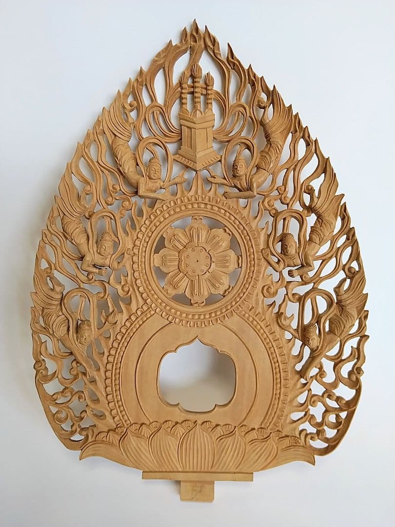 光背(3寸坐像用)#206 六飛天 角宝塔 透し彫◆白檀 木彫 仏像付属品