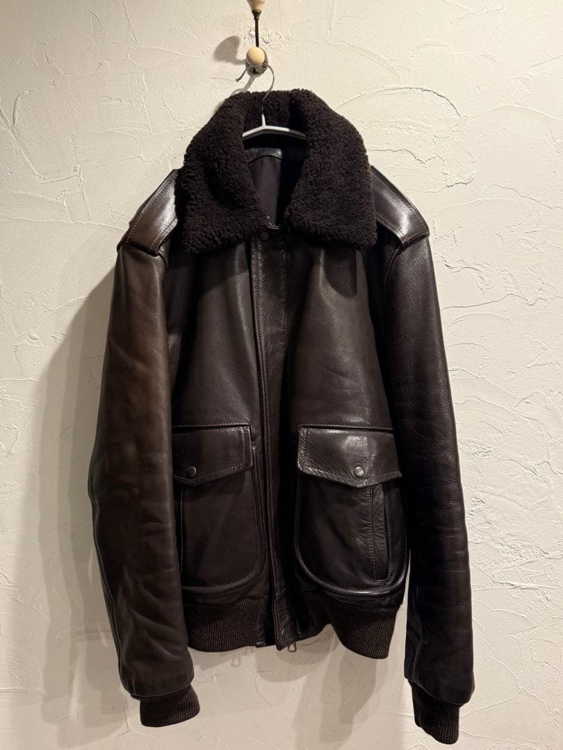 ダークブラウン ボア襟 ボンバージャケット　レザージャケット　48