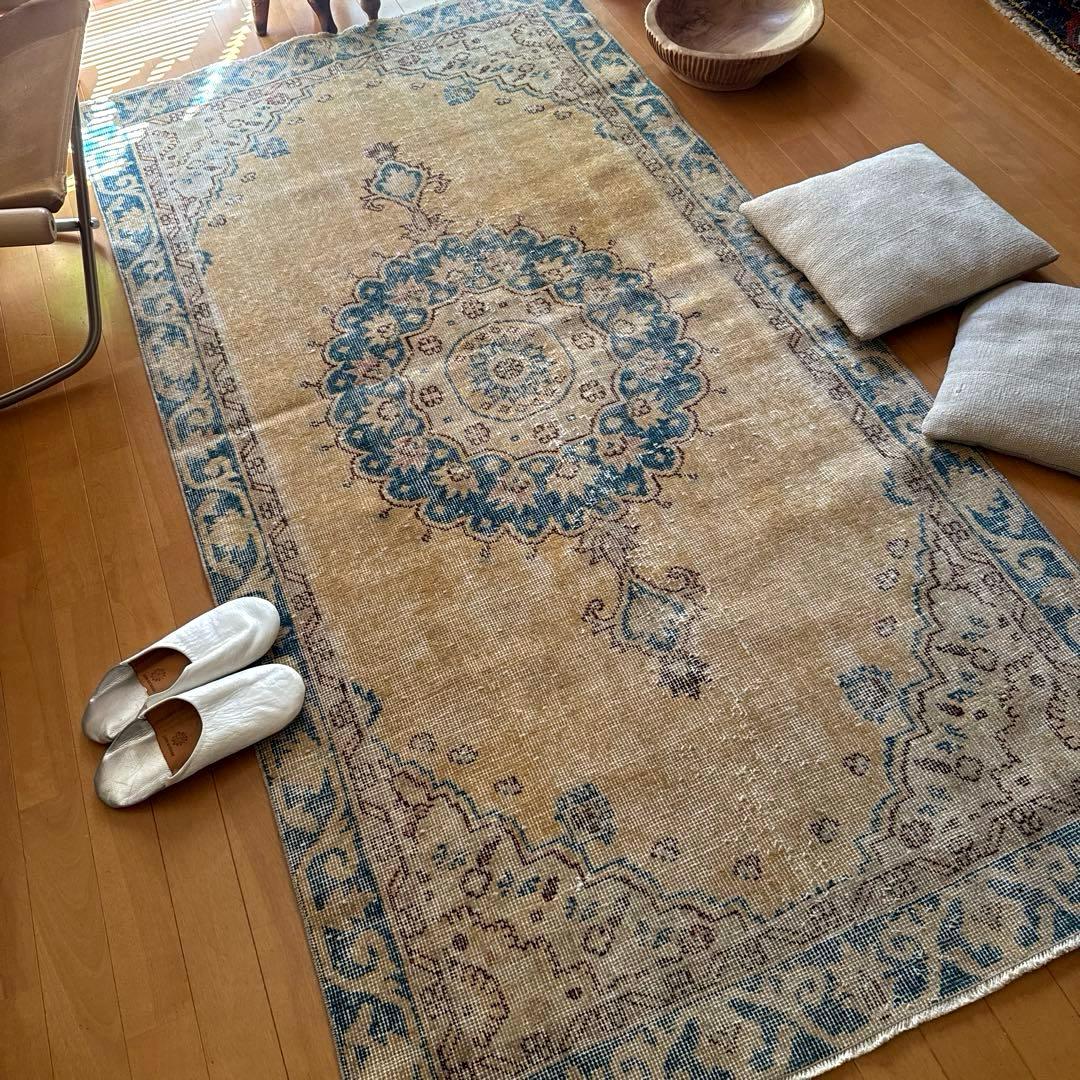 105×206ベージュ×ブルー メダリオン 擦れシャビー トルコヴィンテージ