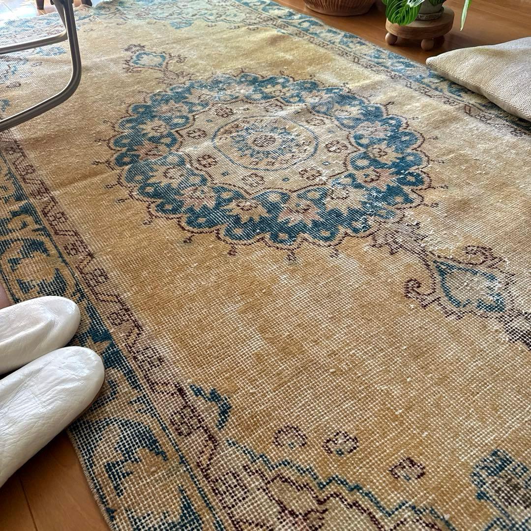 105×206ベージュ×ブルー メダリオン 擦れシャビー トルコヴィンテージ