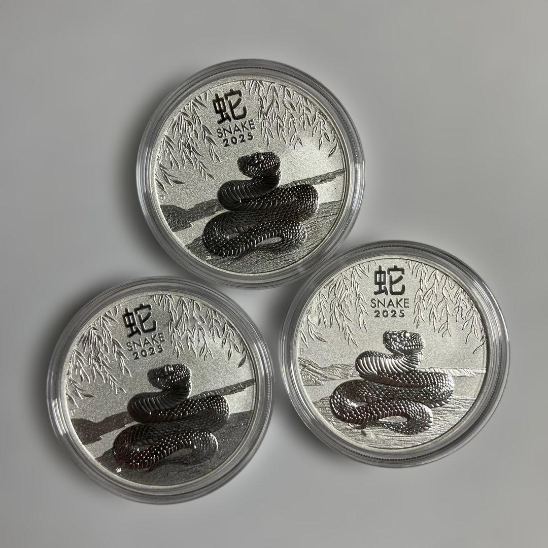 2025年蛇銀貨3枚 バヌアツ 2025年 巳年蛇図 20バツ銀貨金メッキ・淡水真珠付 プルーフ