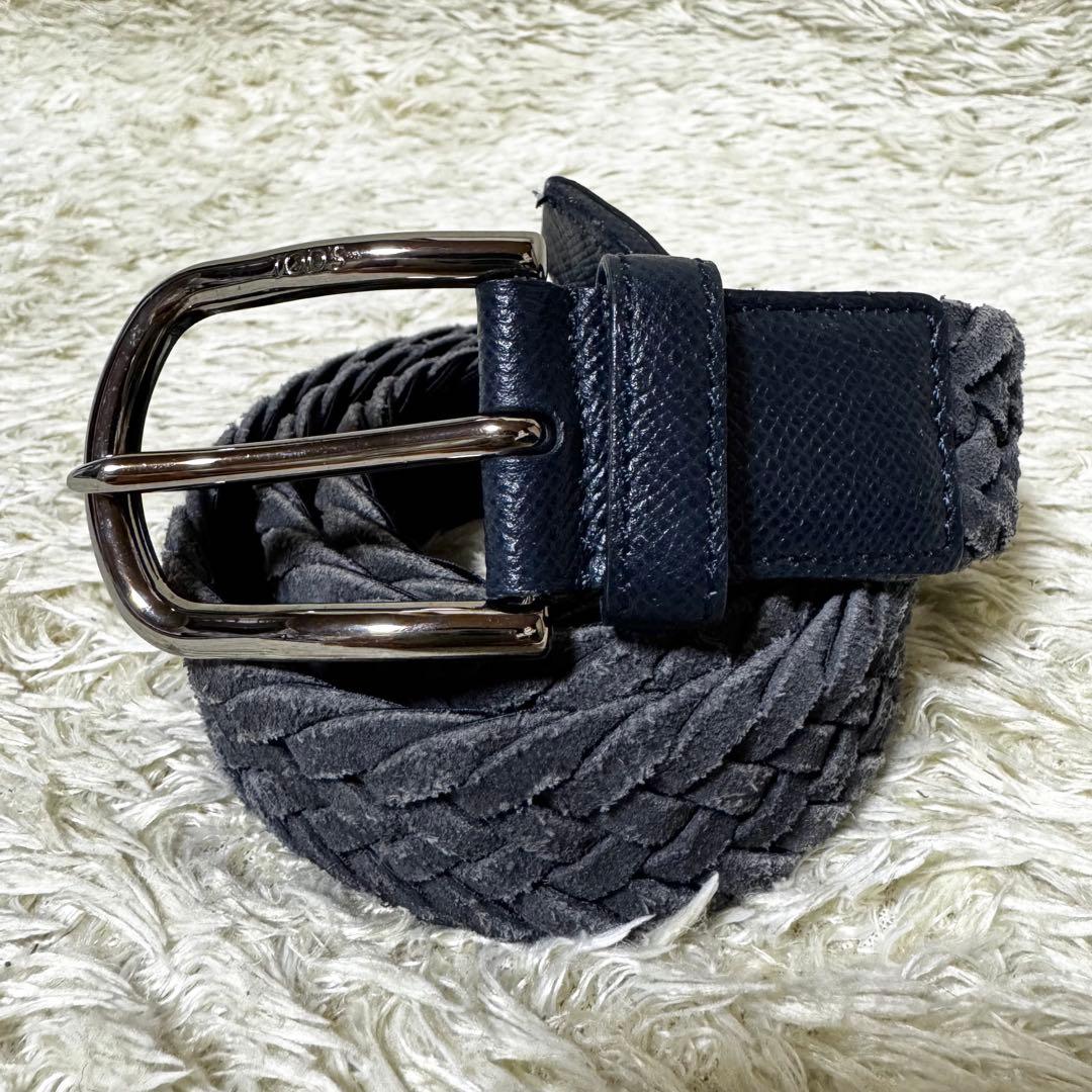トッズ　ベルト　編み込み　切替　レザー　　本革　スエード　ネイビー　ビジネス