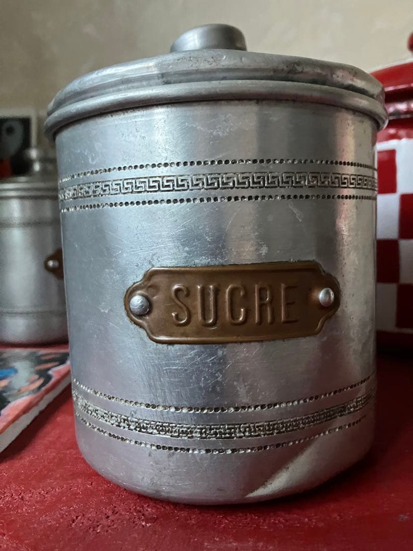 1930年代アルミキャニスター6缶セット 真鍮ラベル フランスビンテージ