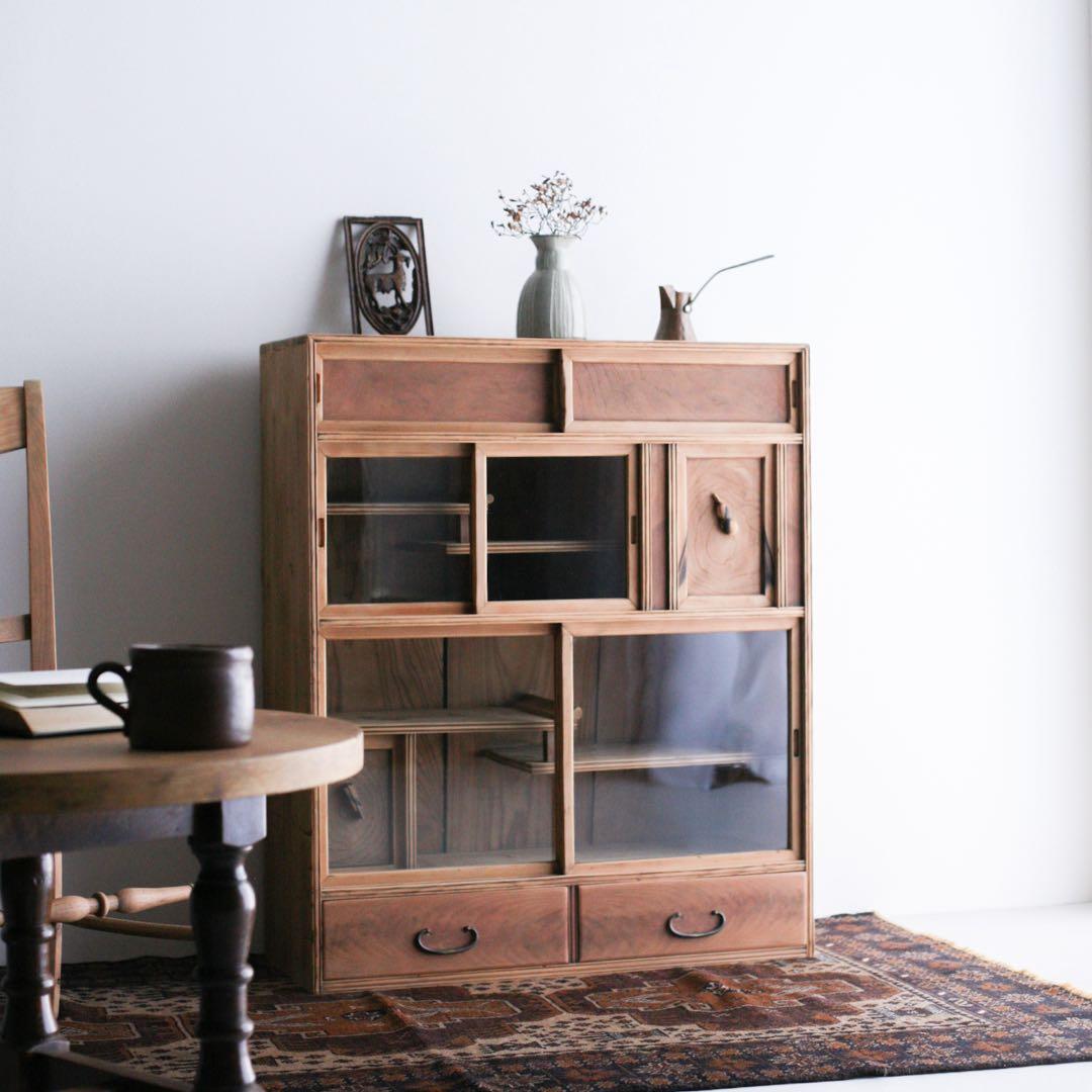 茶箪笥　キャビネット　本棚　収納棚　無垢材　杉材　ケヤキ材　古家具