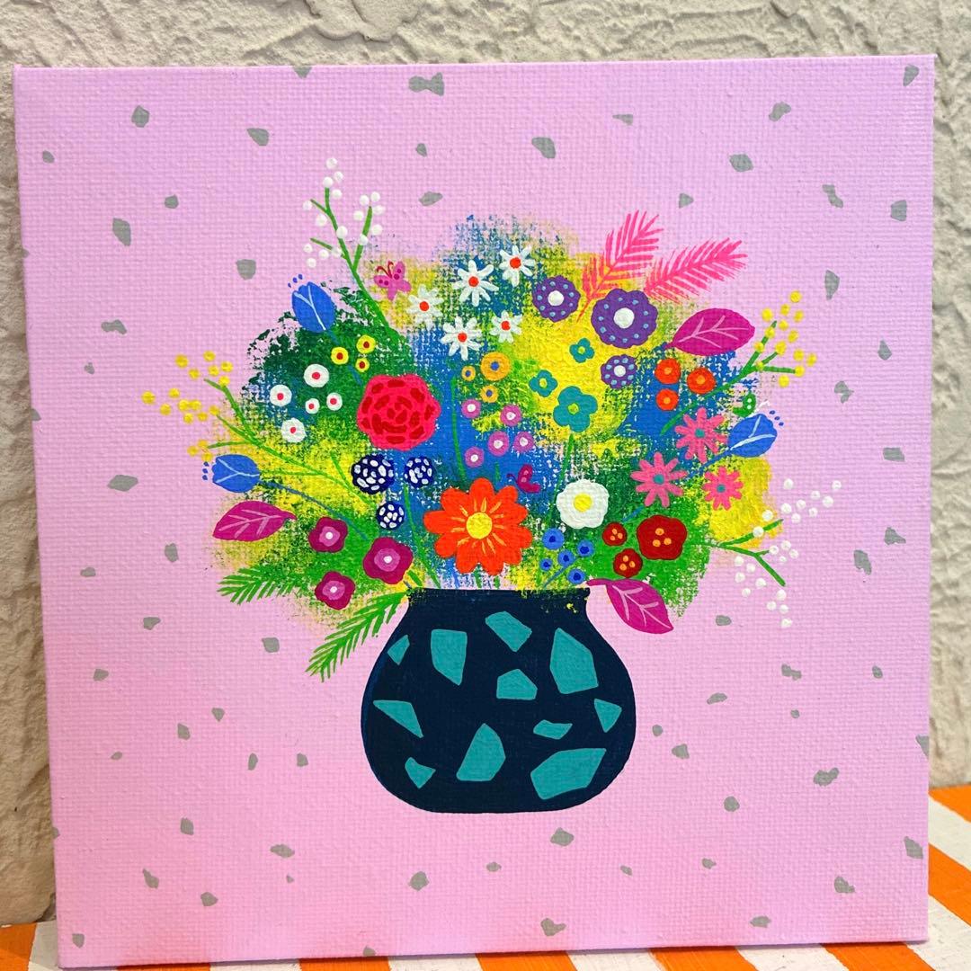 春色フラワー 手描きイラスト アクリル画 原画 キャンバスアート