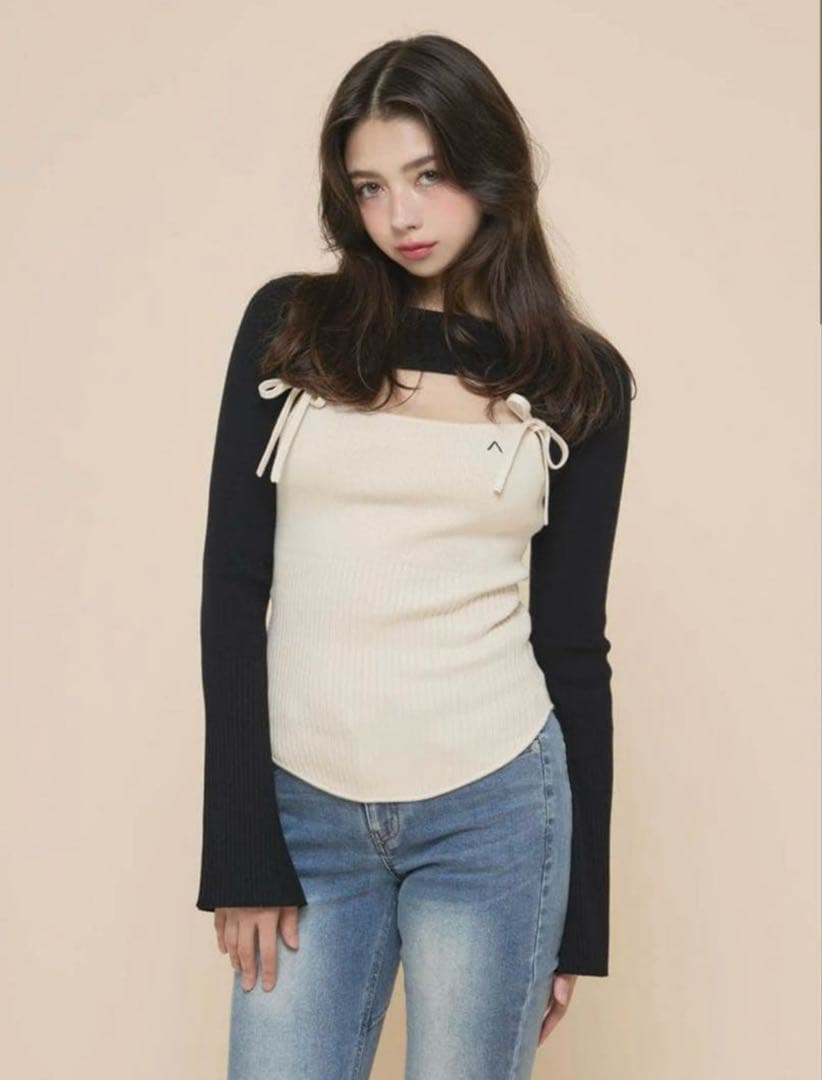 トップス andmary Bebe ribbon set tops Black