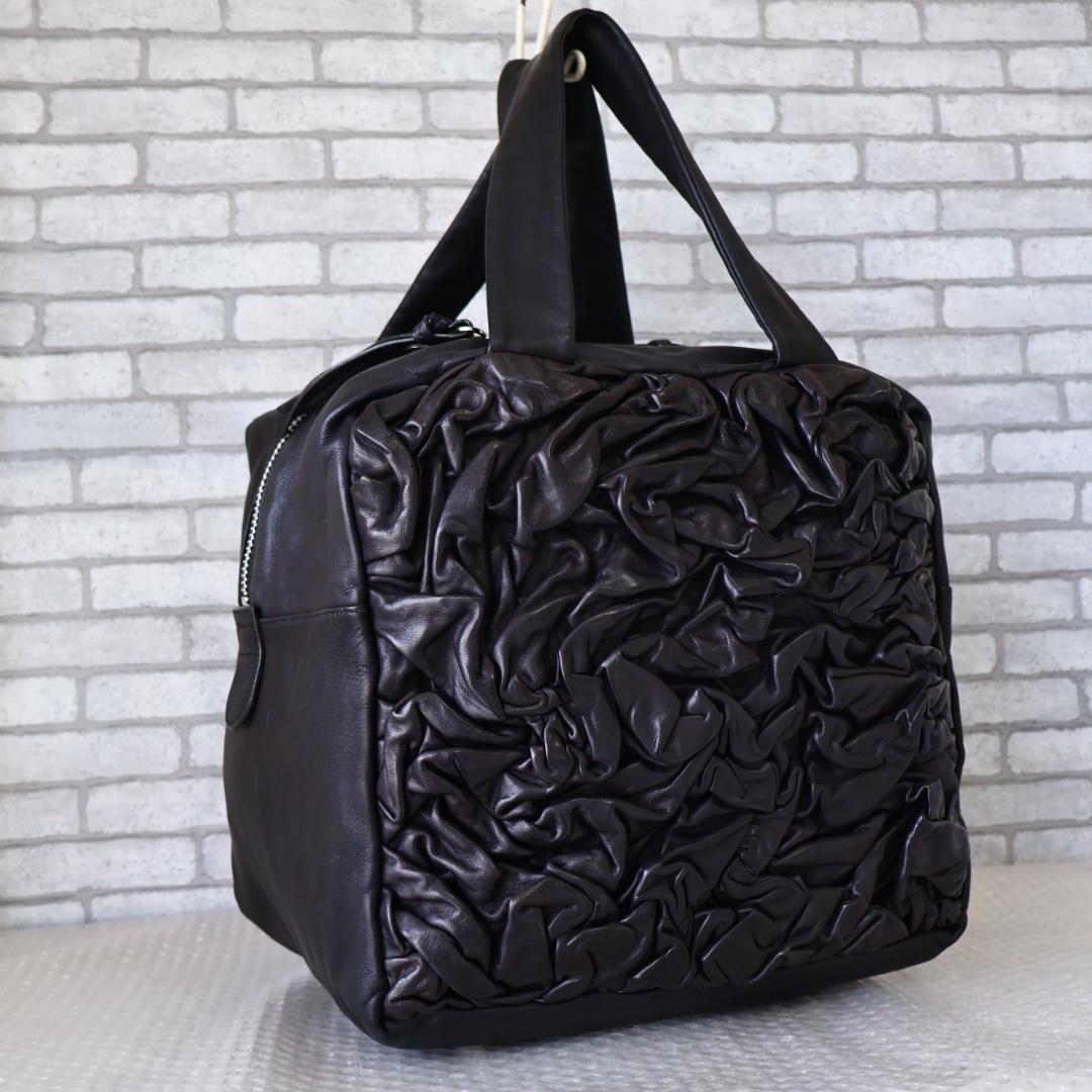 美品 廃盤 kawa-kawa カワカワ シワ加工 レザーボストンバッグ 黒