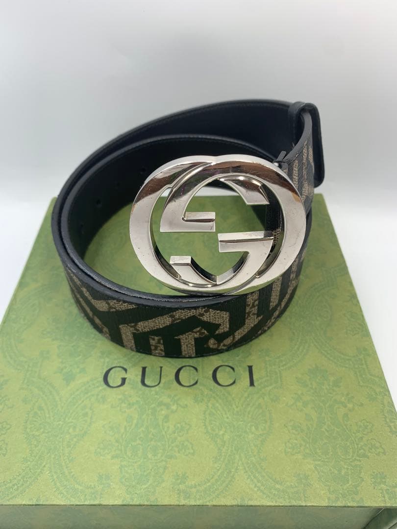 美品 グッチ　インターロッキング　ベルト　スプリームGG　PVC×レザーブラック