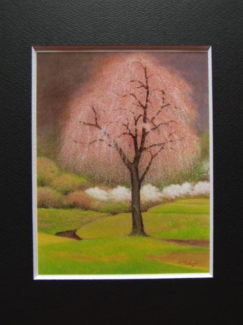 高木虎男、【枝垂れざくら】、希少な額装用画集より、美品、新品額装付