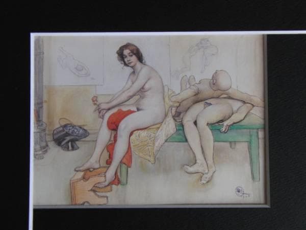 カール・ラーション、モデル台にて、希少画集画、新品額装付、状態良好