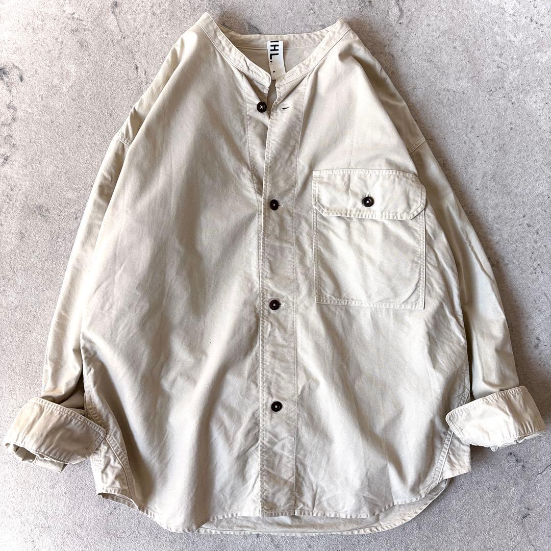MHL. メンズ オーバーサイズ コットン バンドカラー シャツ アイボリー白_ STYLEMIXER（スタイルミキサー） シャツ バンドカラーシャツ メンズ