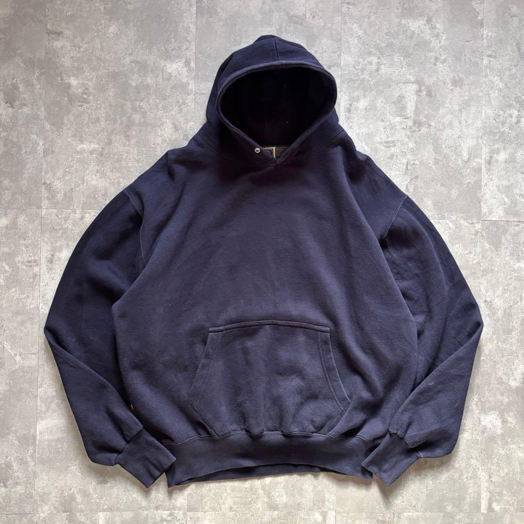 90s ヴィンテージ古着 肉厚コットンスウェットパーカー 無地フェード ネイビー