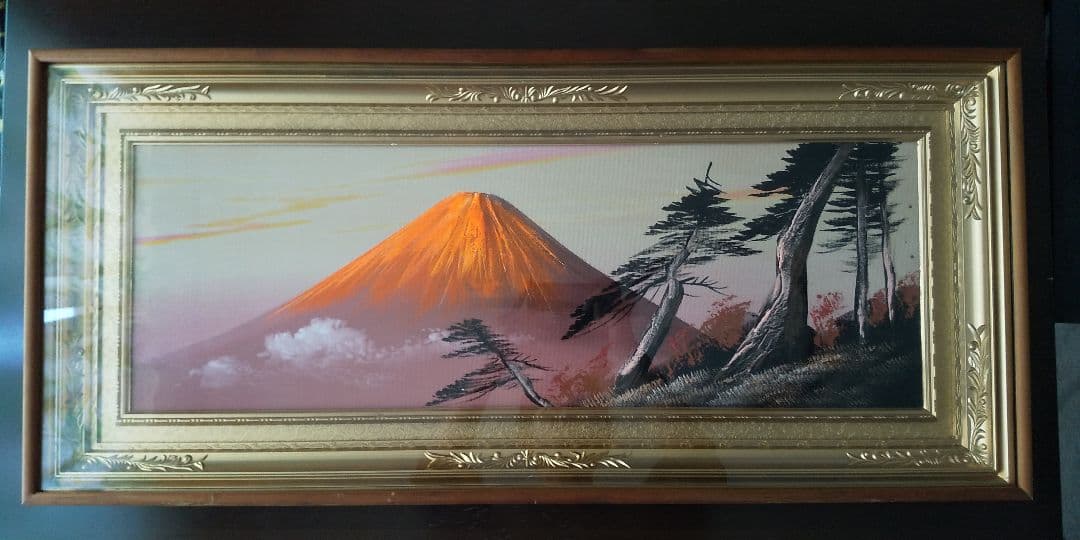 【風景画/富士山】赤富士　油絵　油彩画　立体画　インテリア　額装　額縁　置物