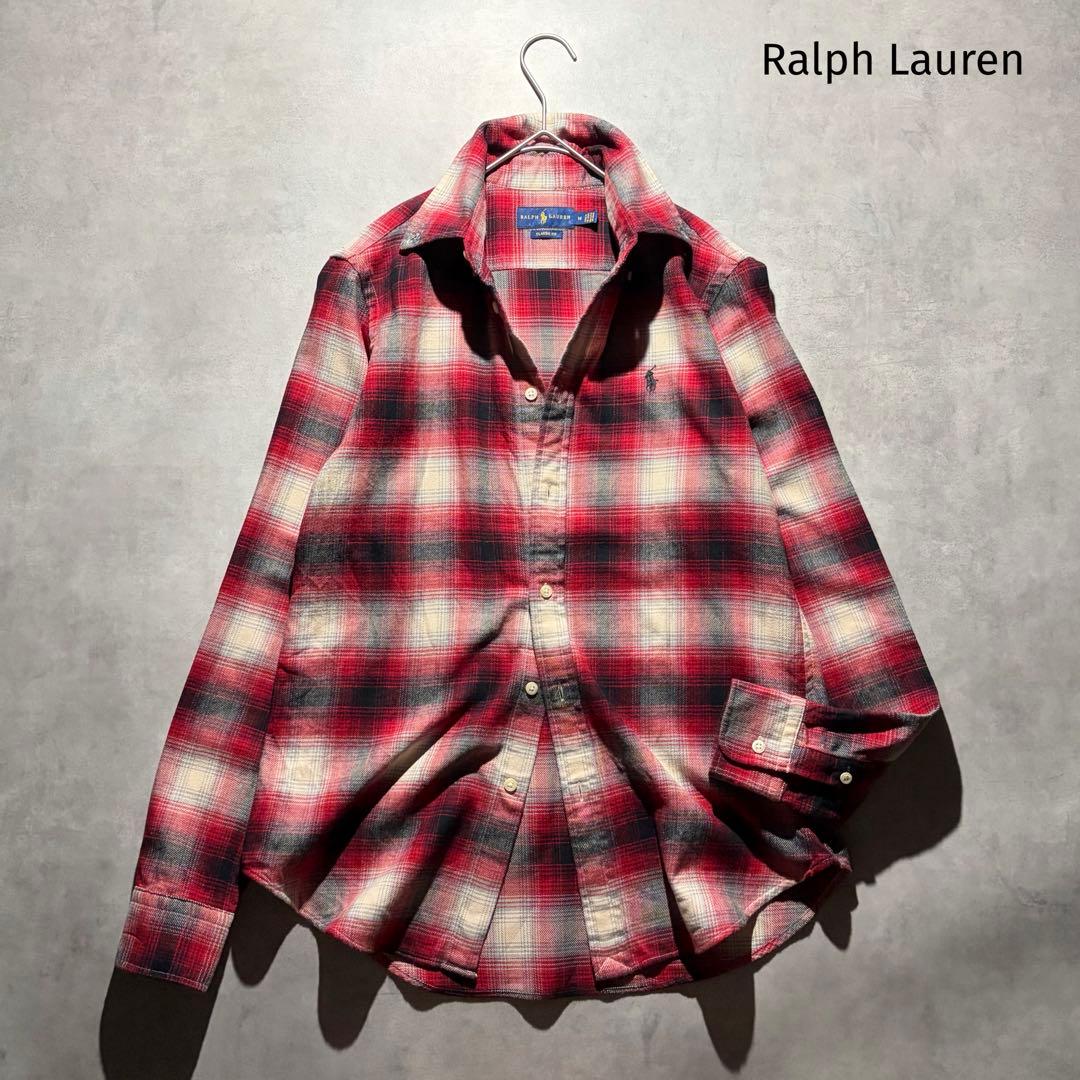 ラルフローレン 長袖シャツ オンブレチェック 刺繍　ポニーロゴ 赤 M