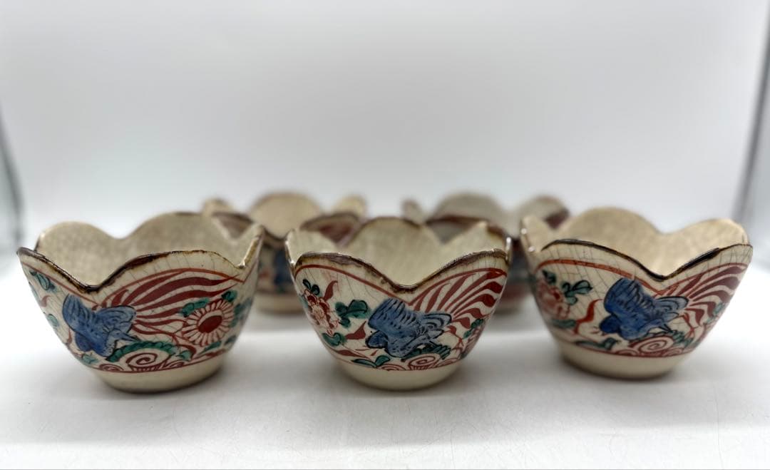 時代　赤絵花口鉢5点　春逸作　送料込み250611