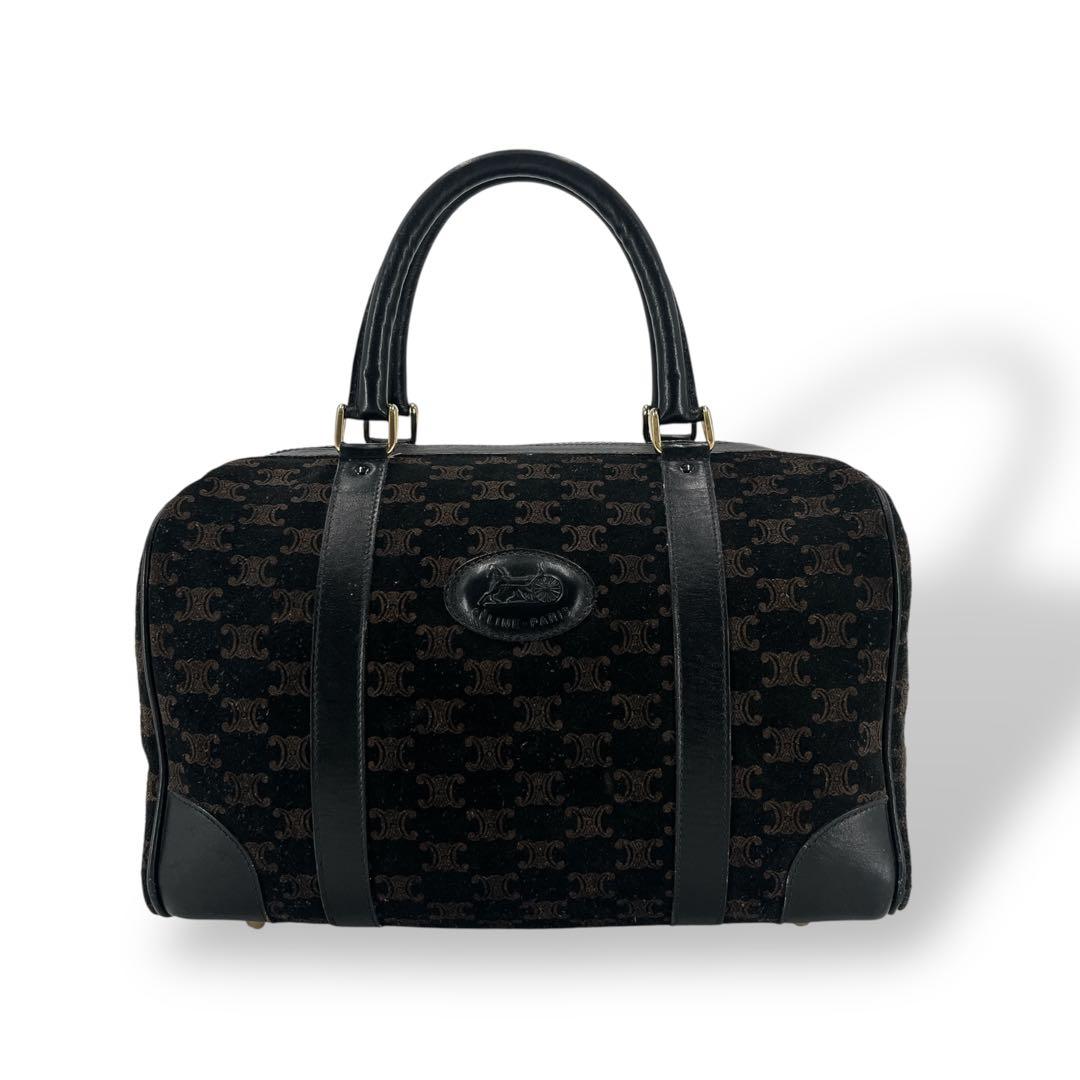 オールド　セリーヌ　ミニボストン　マカダム柄　ハンドバッグ　革ロゴ　スウェード