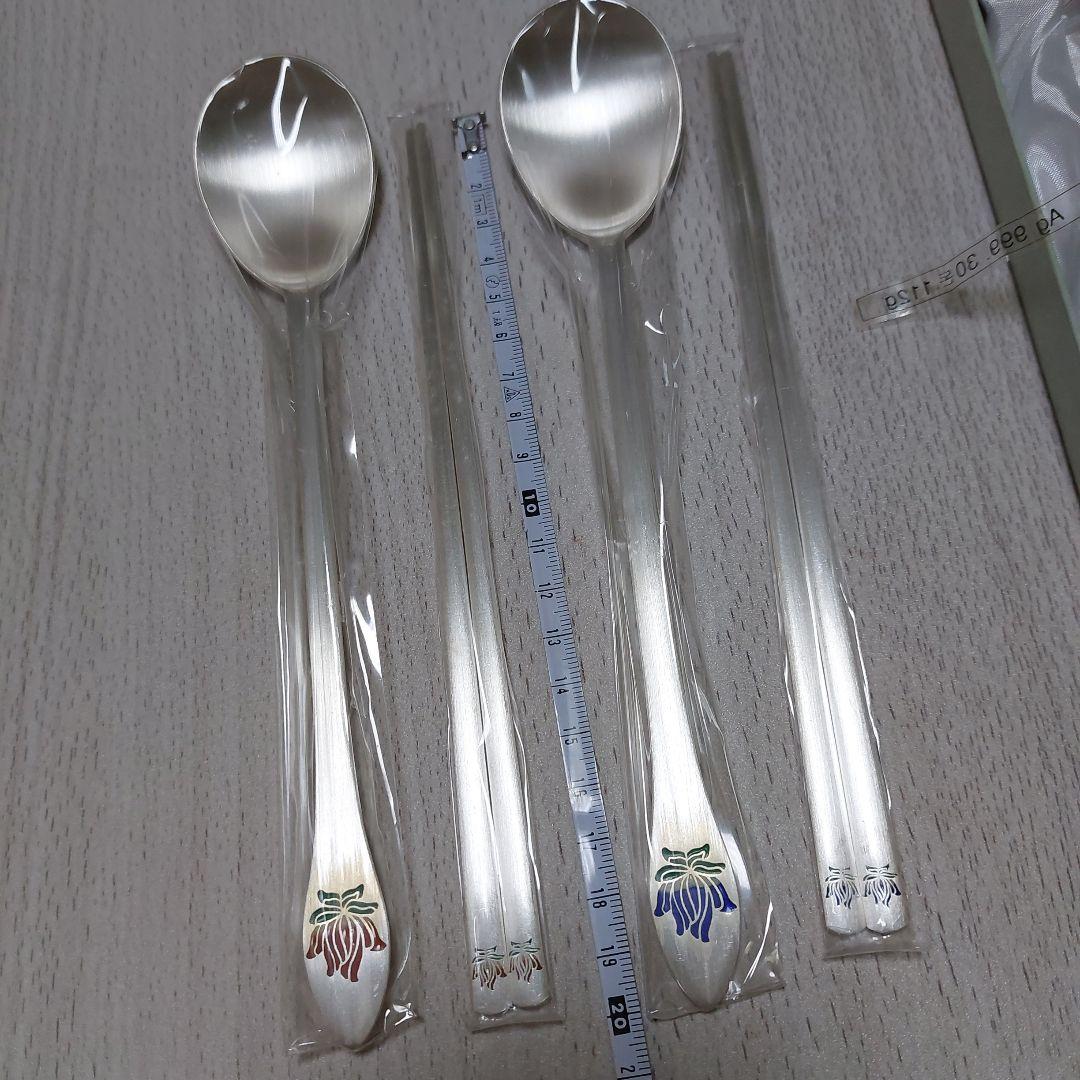純銀製(刻印AG999)スプーン2本と箸2膳セット 純シルバー製 長寿