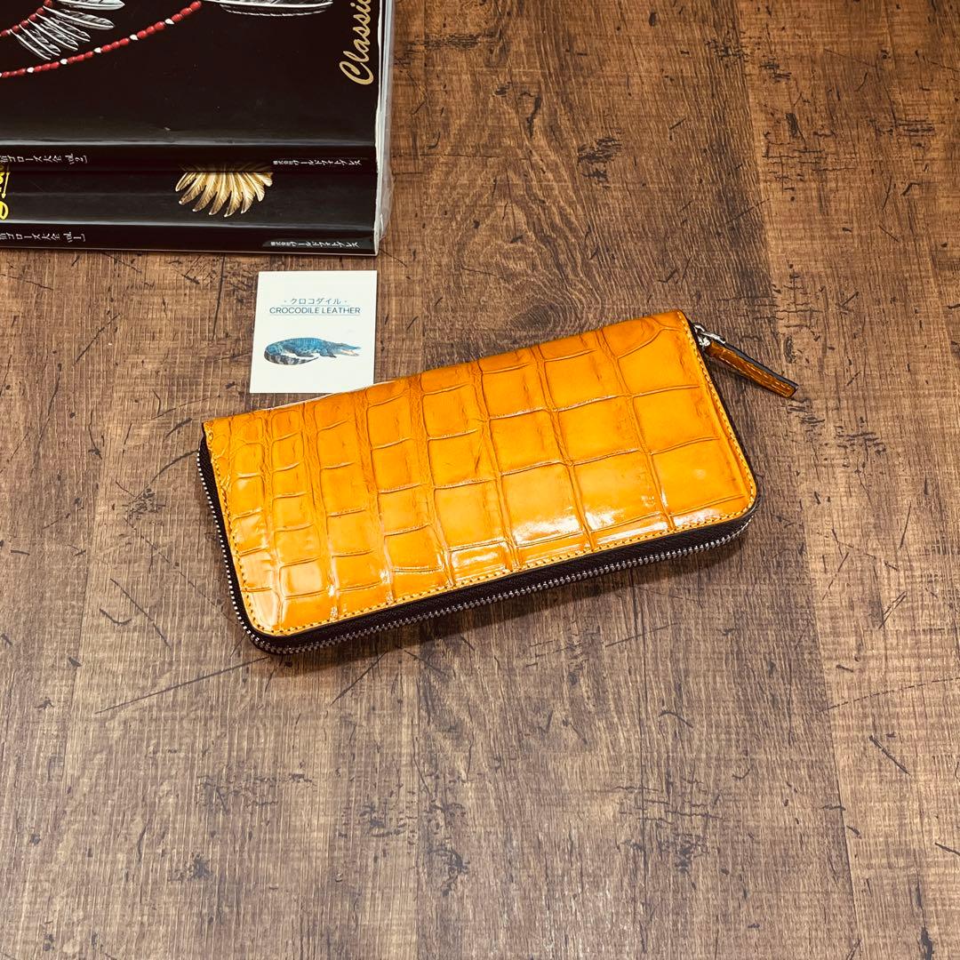 実物撮影 一枚革 クロコダイル メンズ長財布 ラウンドファスナー 新品 未使用