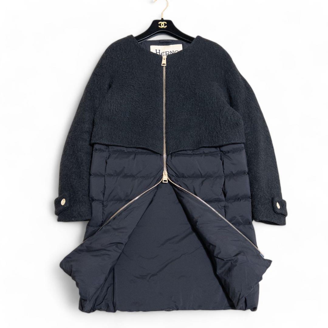 HERNO ノーカラーダウンコートモヘヤ シャギー 異素材 黒 40