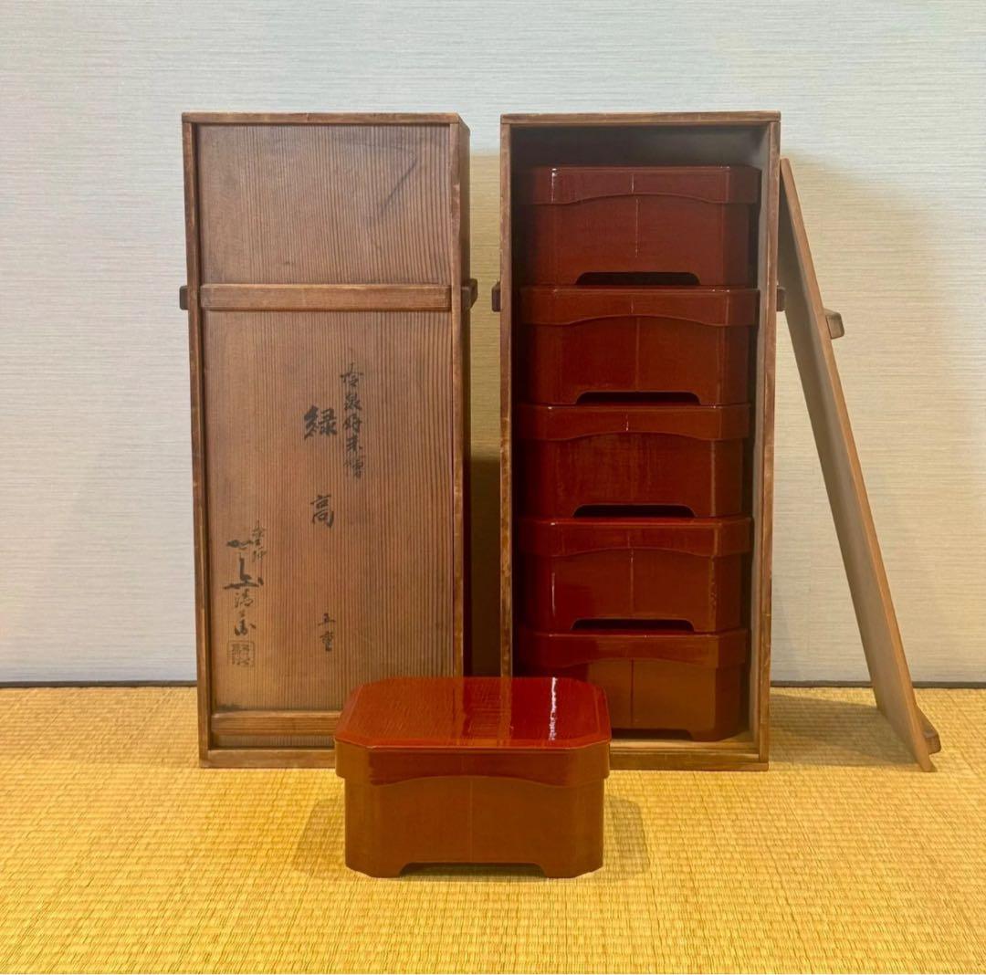 塗師 堅地屋清兵衛 作 冷泉好朱絵 縁高5重 2組 計10点 茶懐石道具 弁当箱 塗師 堅地屋清兵衛 作 冷泉好朱絵 縁高5重 2組 計10点 茶懐石道具 弁当