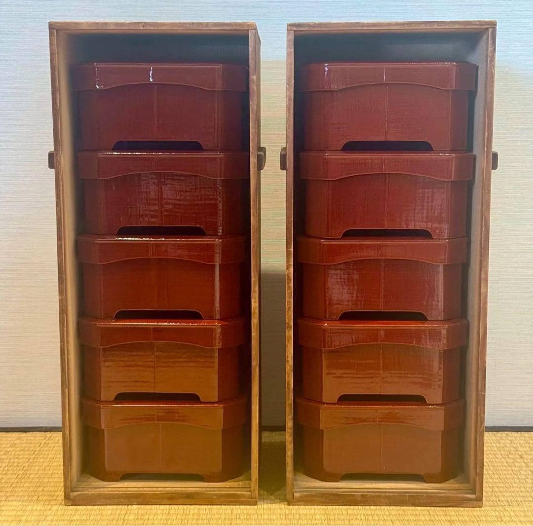 塗師 堅地屋清兵衛 作 冷泉好朱絵 縁高5重 2組 計10点 茶懐石道具 弁当