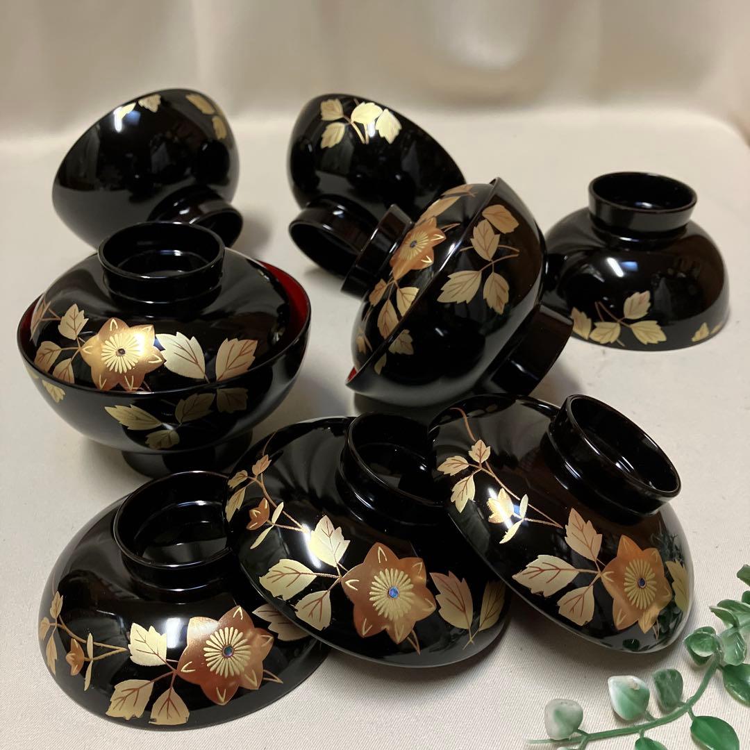 新品 会津塗 蓋つき汁椀 5客 テッセン 蒔絵 会津漆器 蓋付椀 木製漆器