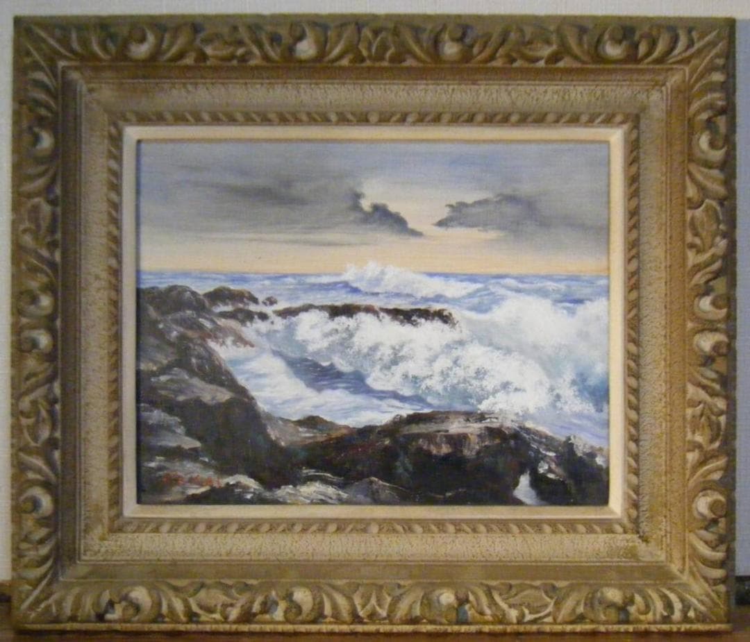 【真作】絵画　仲井口男　6油彩号　海　壮大風景　T36