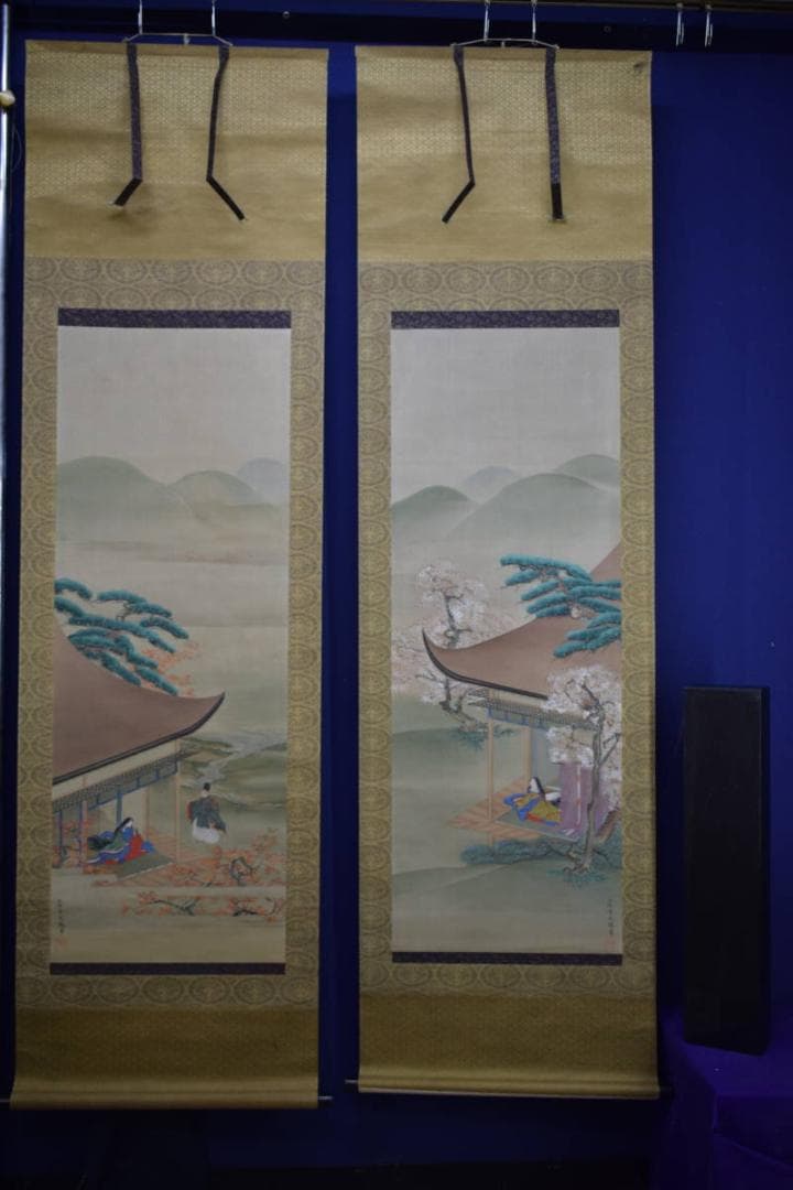 /土佐光起/大和絵/人物図/桜花/紅葉/双幅/杉塗箱付/布袋屋掛軸HJ-474 土佐光起/大和絵/人物図/桜花/紅葉/双幅/杉塗箱付/布袋屋掛軸HJ-474