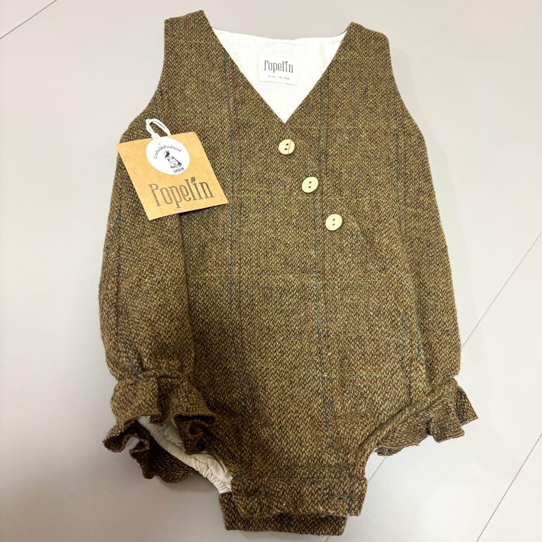 Popelin グリーンチェックロンパース　18-24m